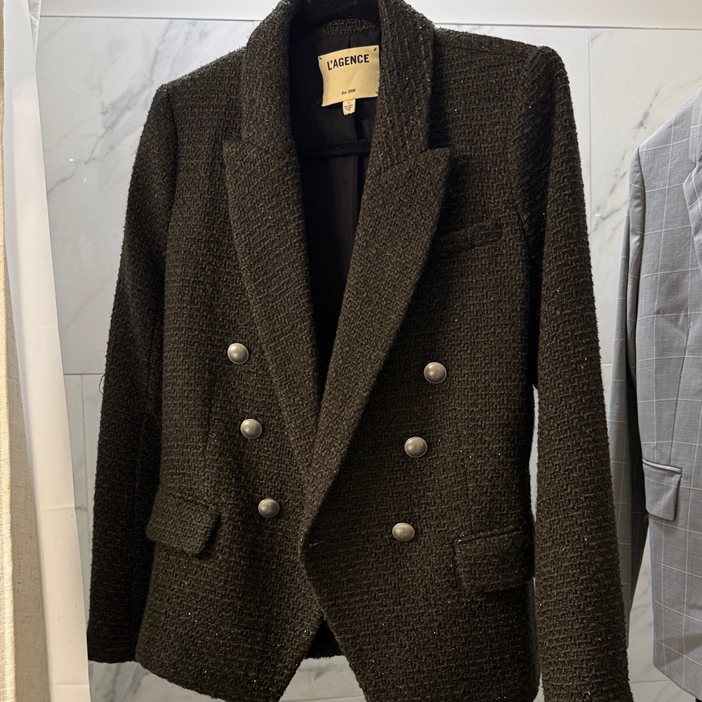 L'AGENCE Dark green tweed Textured Blazer with Silver Buttons